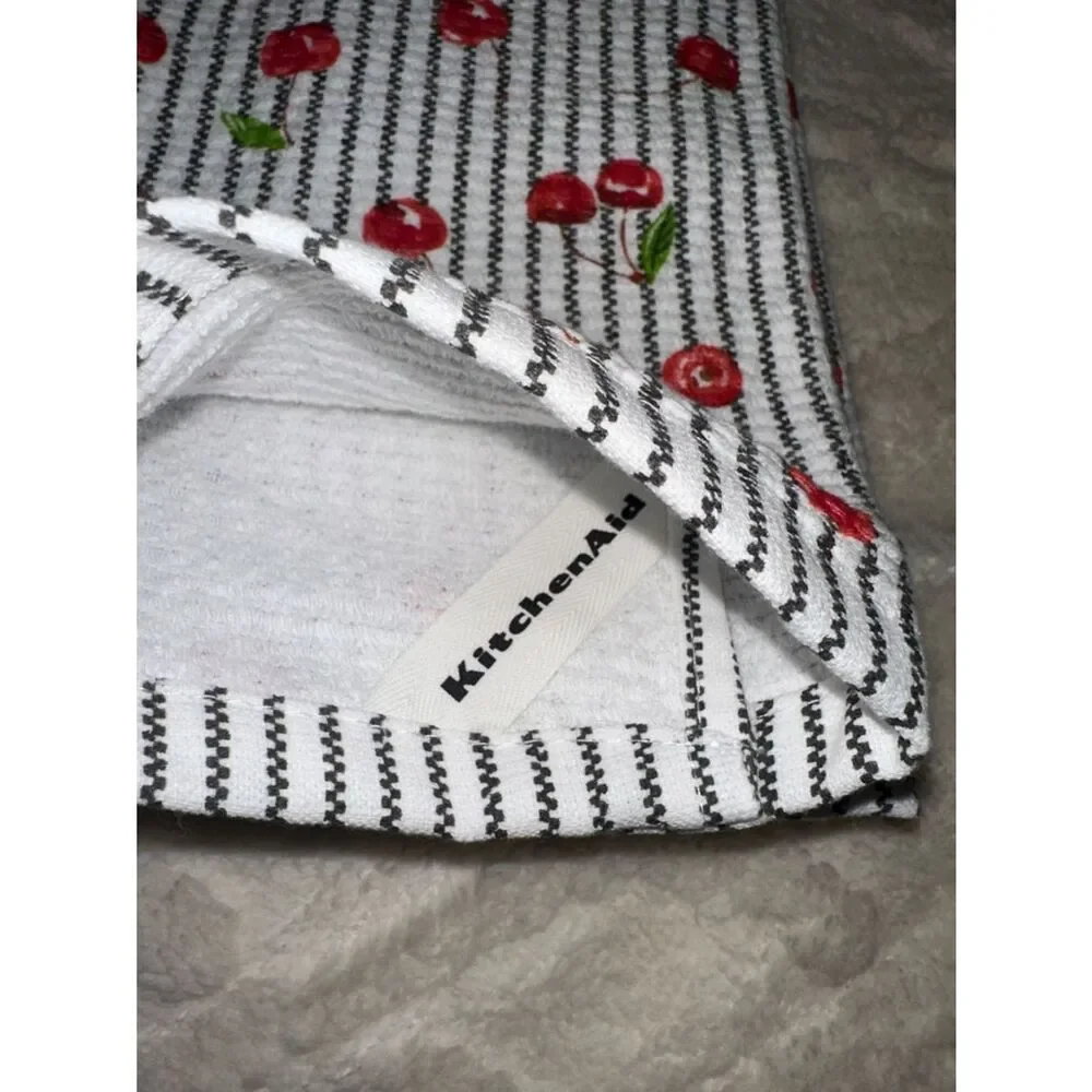 KitchenAid White Red Black Green Cherry Print Terrycloth Cotton Kitchen Towels
